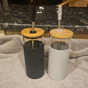 Set of Two Glass Tumblers with Bamboo Lids